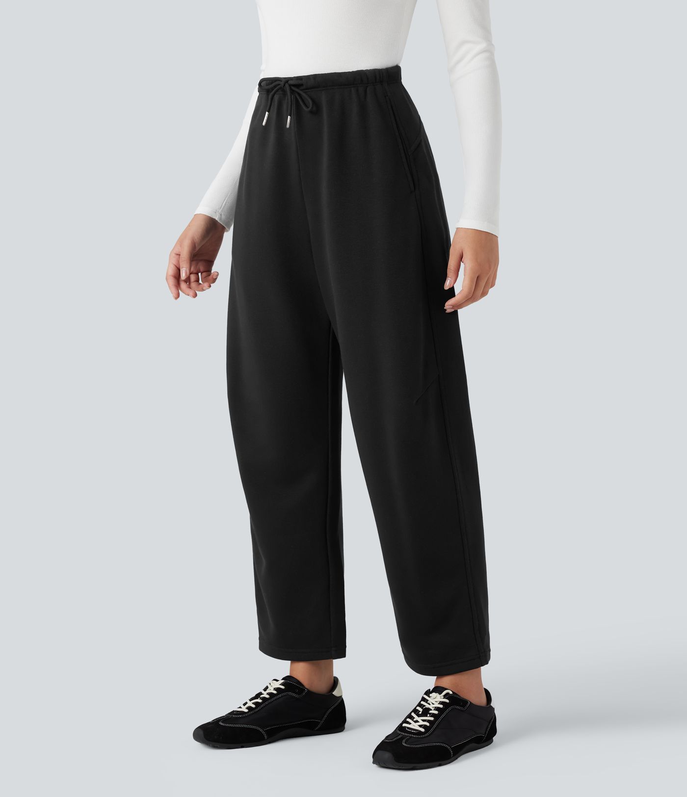 Pantalon jogging barrel chiné taille haute avec cordon de serrage et poches