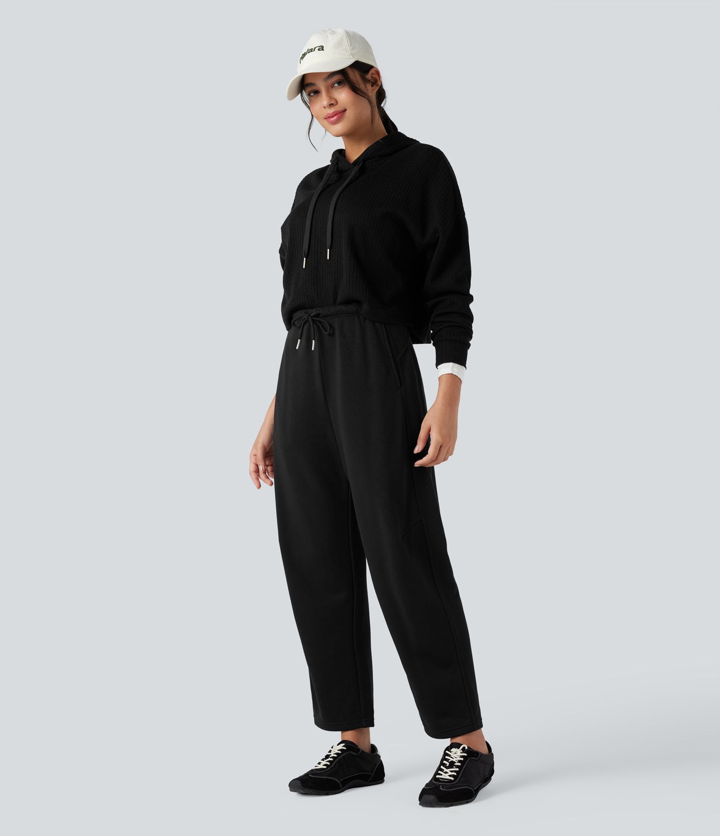 Pantalon jogging barrel chiné taille haute avec cordon de serrage et poches