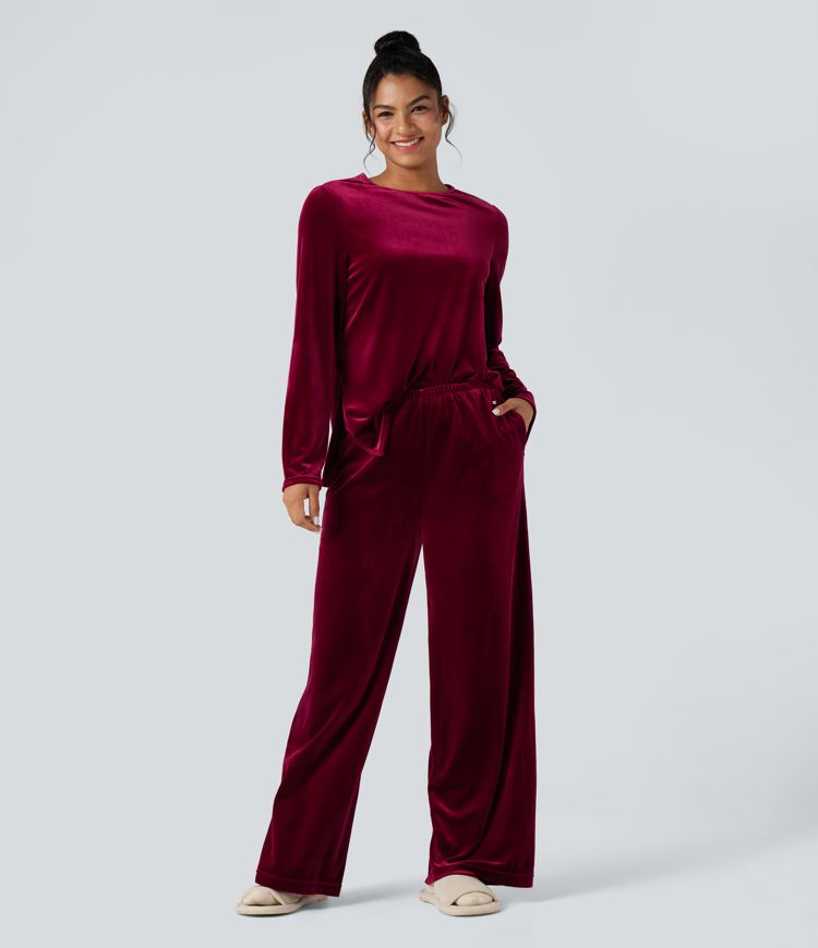High Waisted Velvet Casual Baggy Lounge Trousers with Pockets