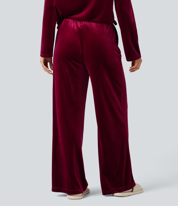 High Waisted Velvet Casual Baggy Lounge Trousers with Pockets