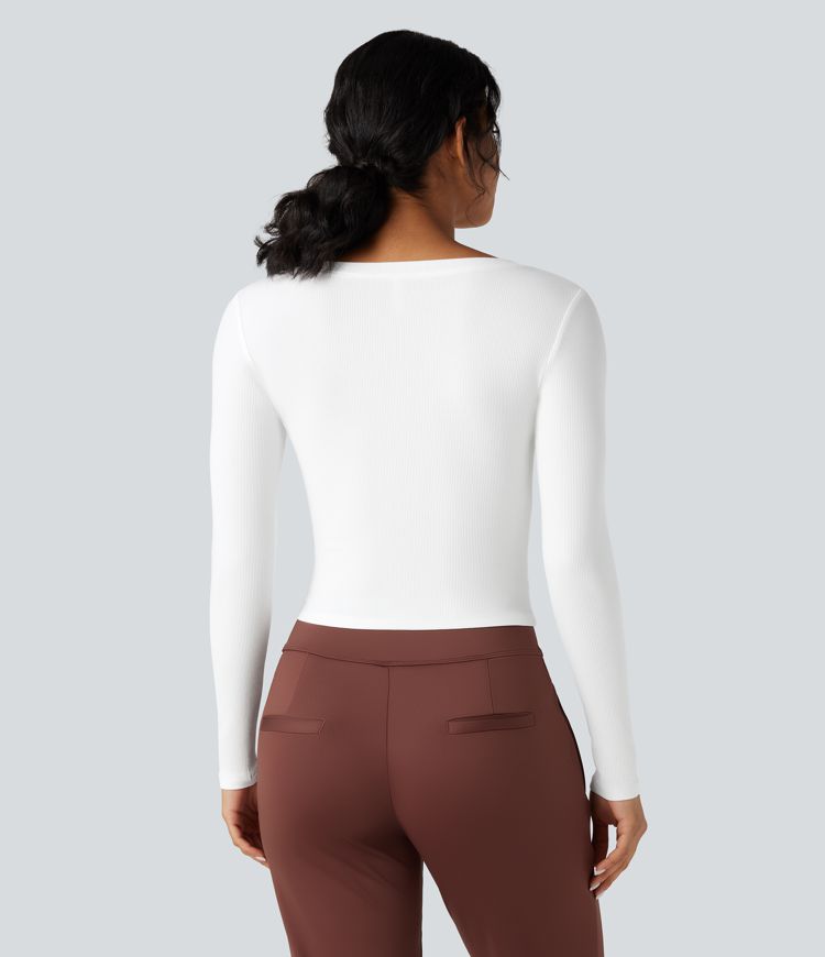 Ribbed Knit V Neck Long Sleeve Cropped Work T-Shirt