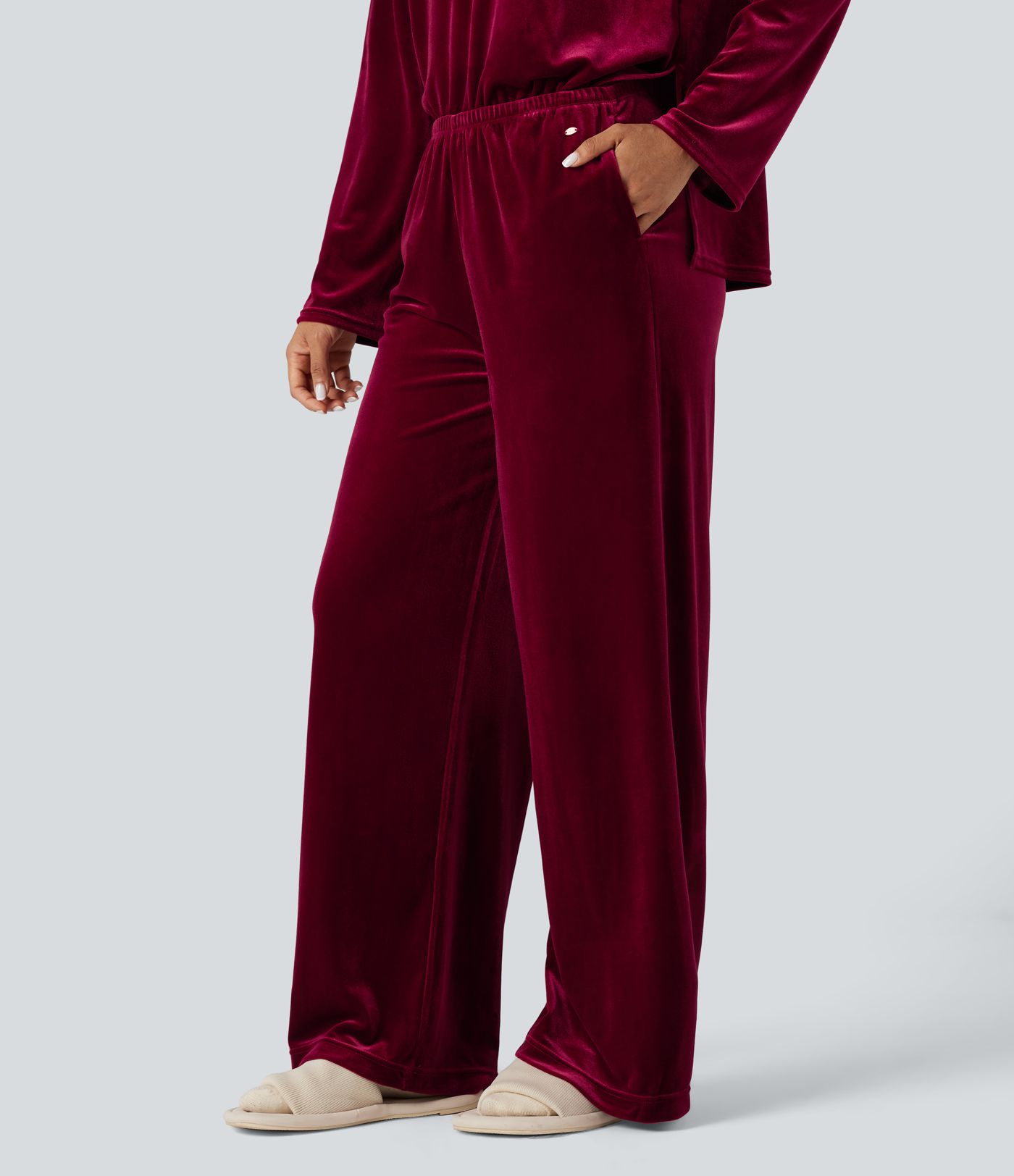 High Waisted Velvet Casual Baggy Lounge Pants with Pockets