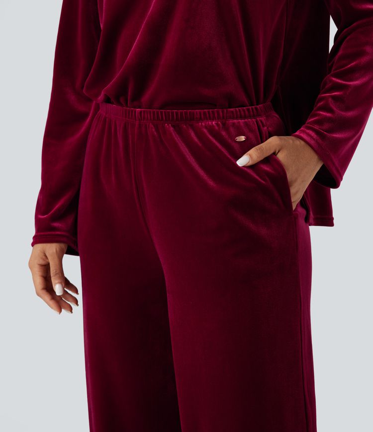 High Waisted Velvet Casual Baggy Lounge Trousers with Pockets