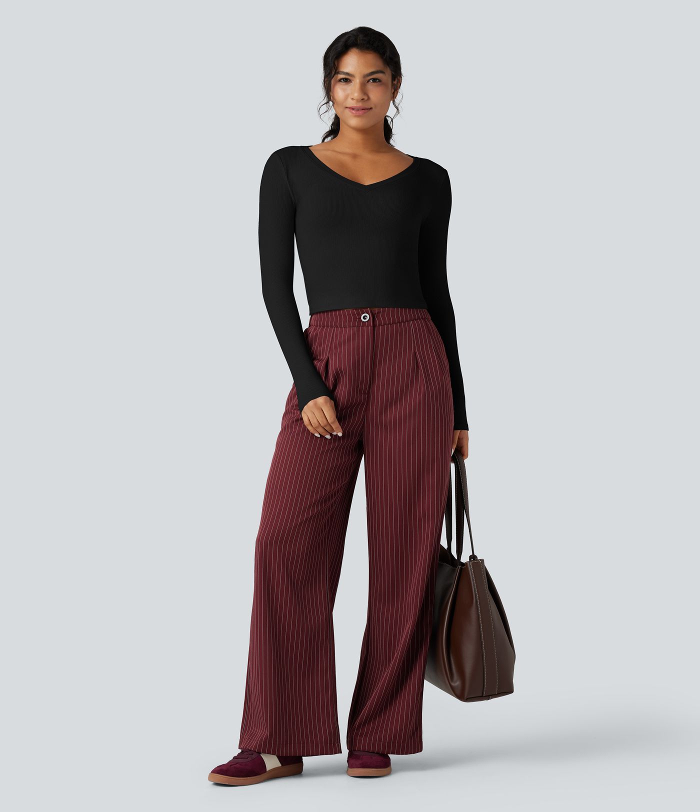 Ribbed Knit V Neck Long Sleeve Cropped Work T-Shirt