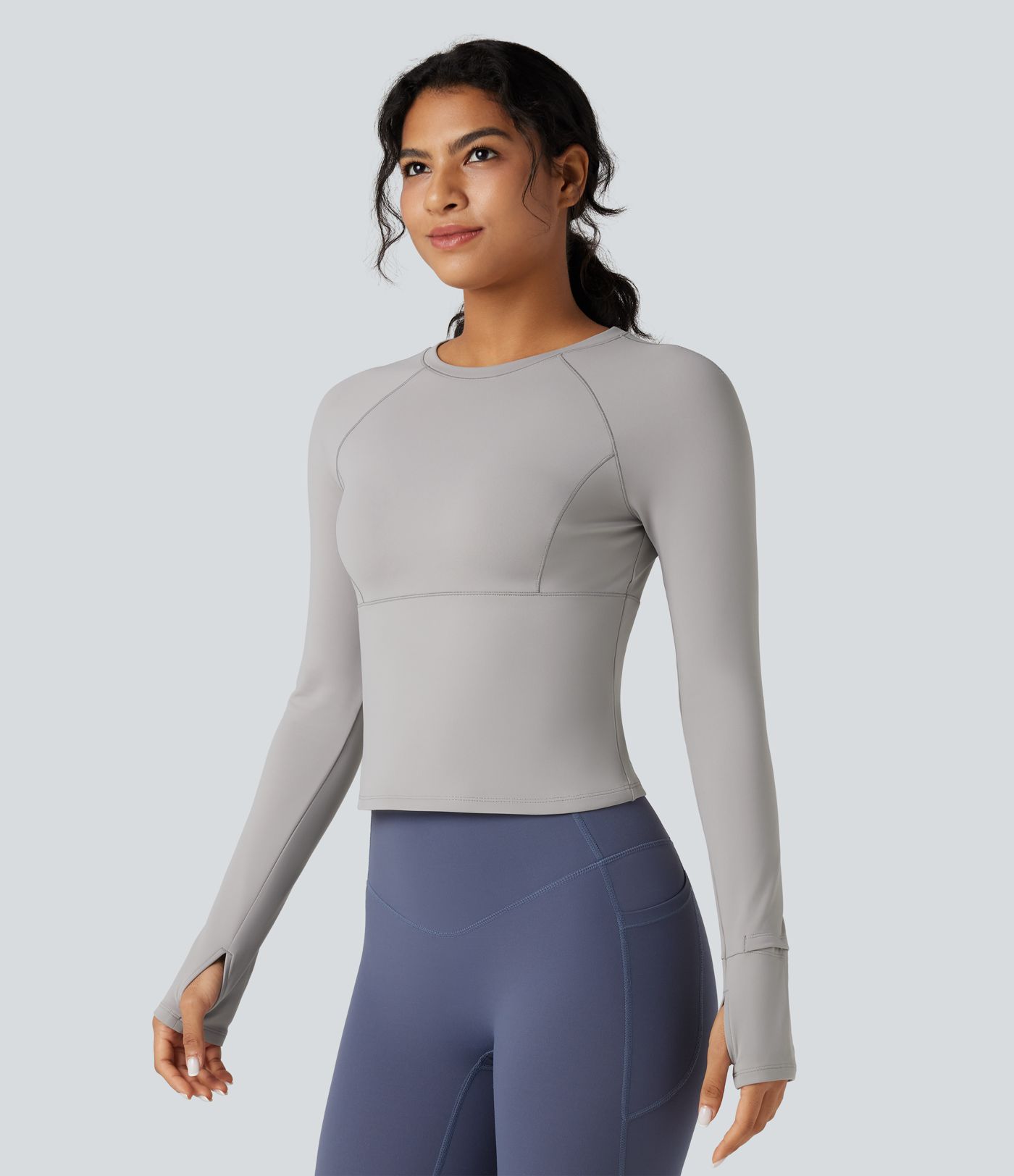 Top de sport yoga polaire col rond manches longues avec trous pouces