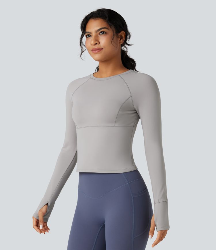 Top de sport yoga polaire col rond manches longues avec trous pouces