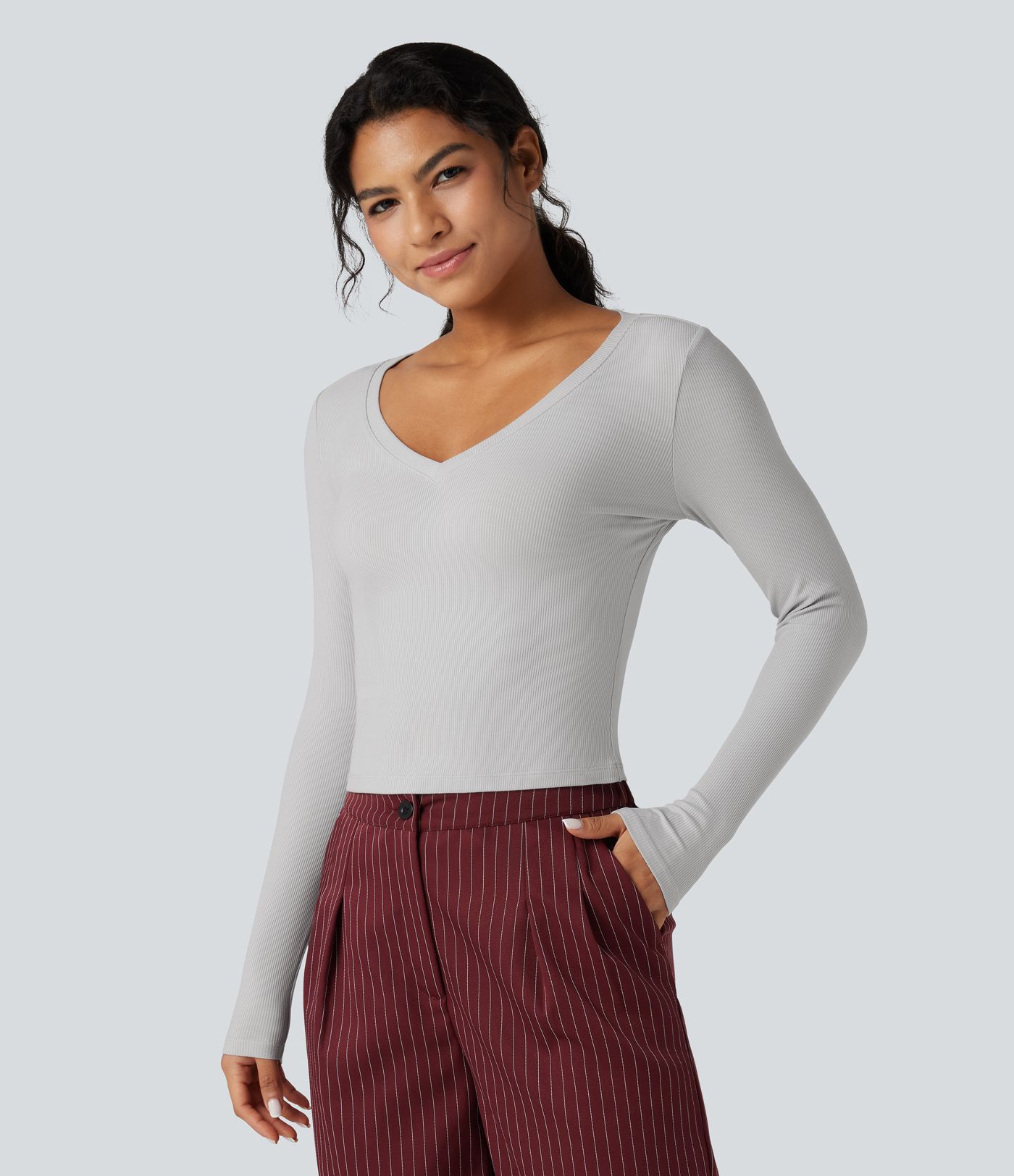 Ribbed Knit V Neck Long Sleeve Cropped Work T-Shirt