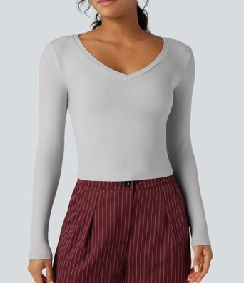 Ribbed Knit V Neck Long Sleeve Cropped Work T-Shirt