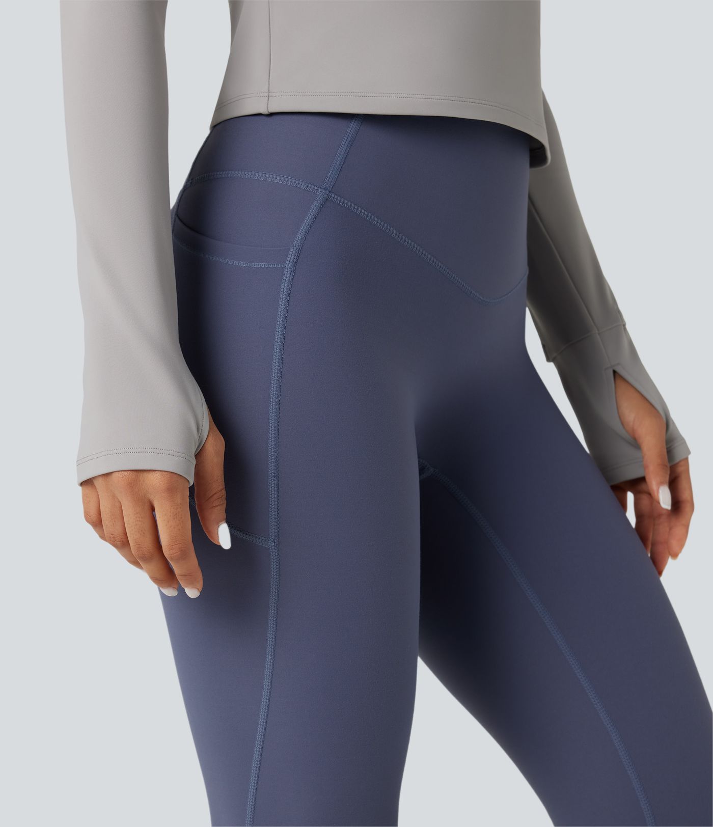 Top de sport yoga polaire col rond manches longues avec trous pouces