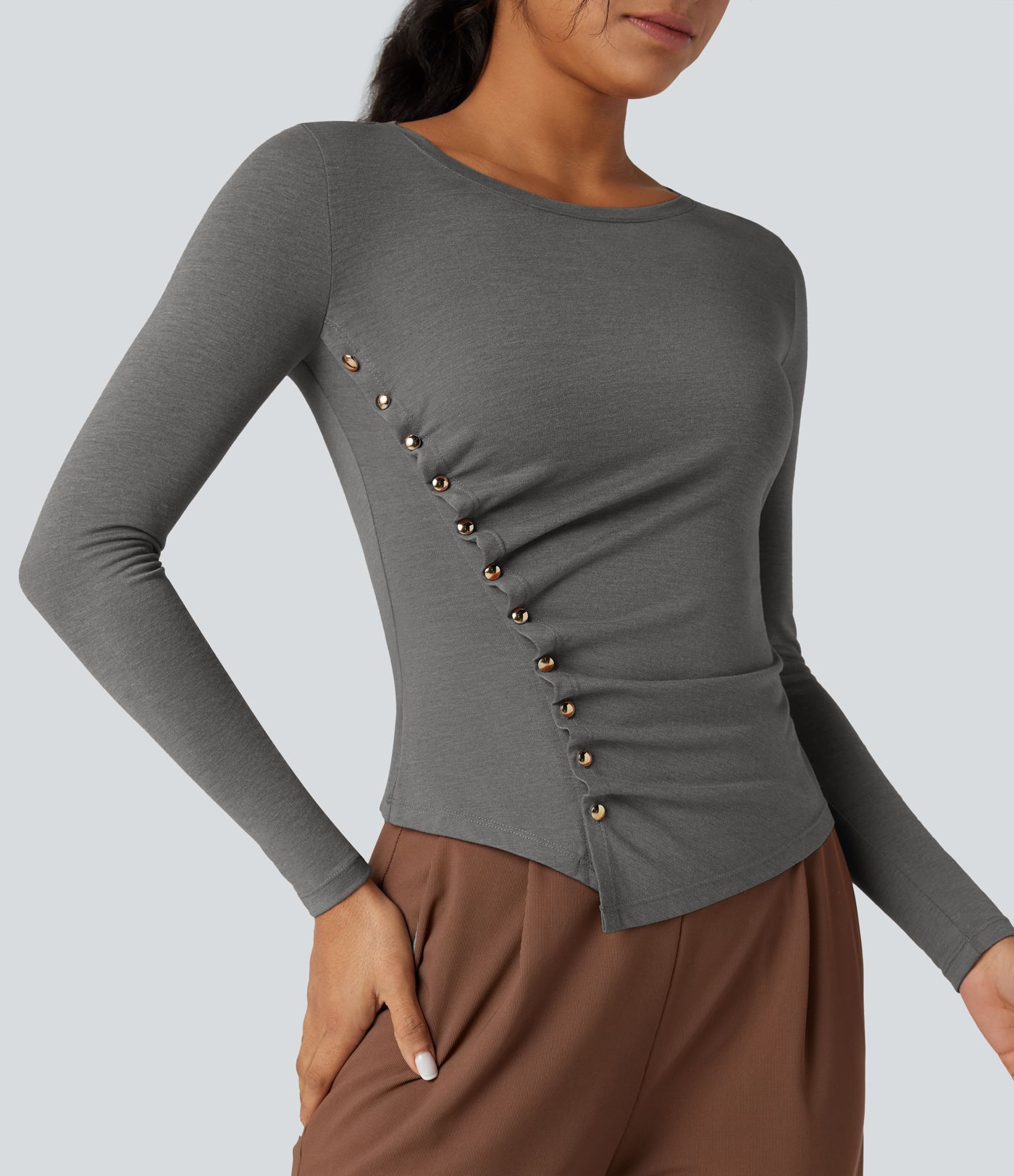 Round Neck Long Sleeve Asymmetric Hem Work T-Shirt