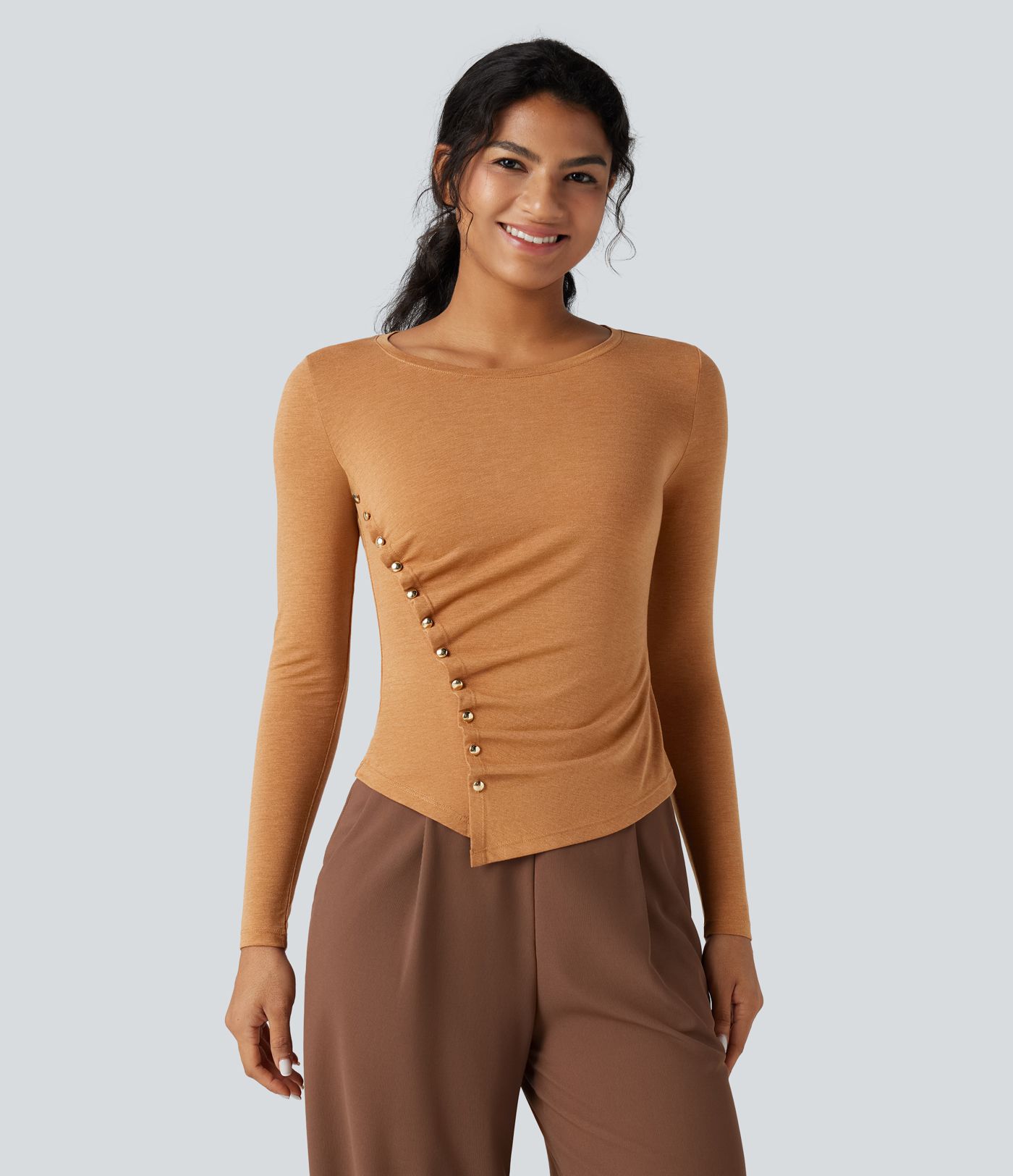 Round Neck Long Sleeve Asymmetric Hem Work T-Shirt