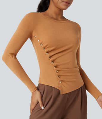 Round Neck Long Sleeve Asymmetric Hem Work T-Shirt