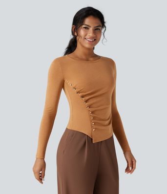 Round Neck Long Sleeve Asymmetric Hem Work T-Shirt