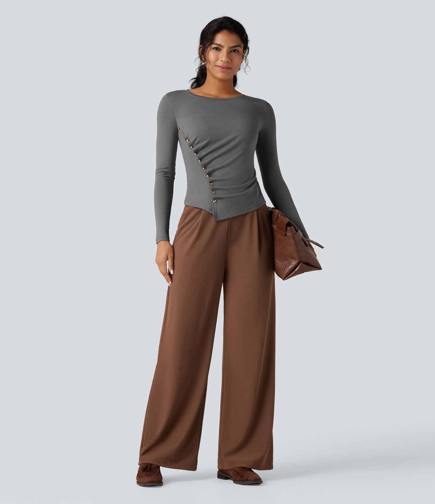 Round Neck Long Sleeve Asymmetric Hem Work T-Shirt