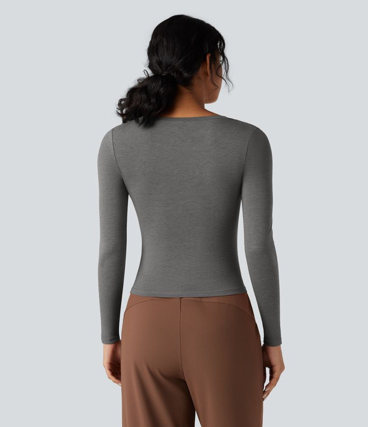 Round Neck Long Sleeve Asymmetric Hem Work T-Shirt