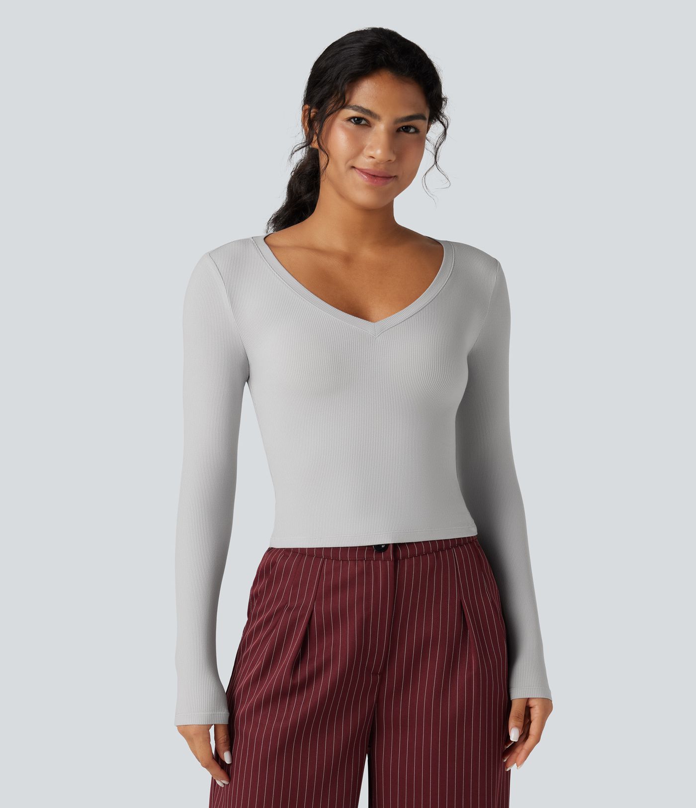 Ribbed Knit V Neck Long Sleeve Cropped Work T-Shirt