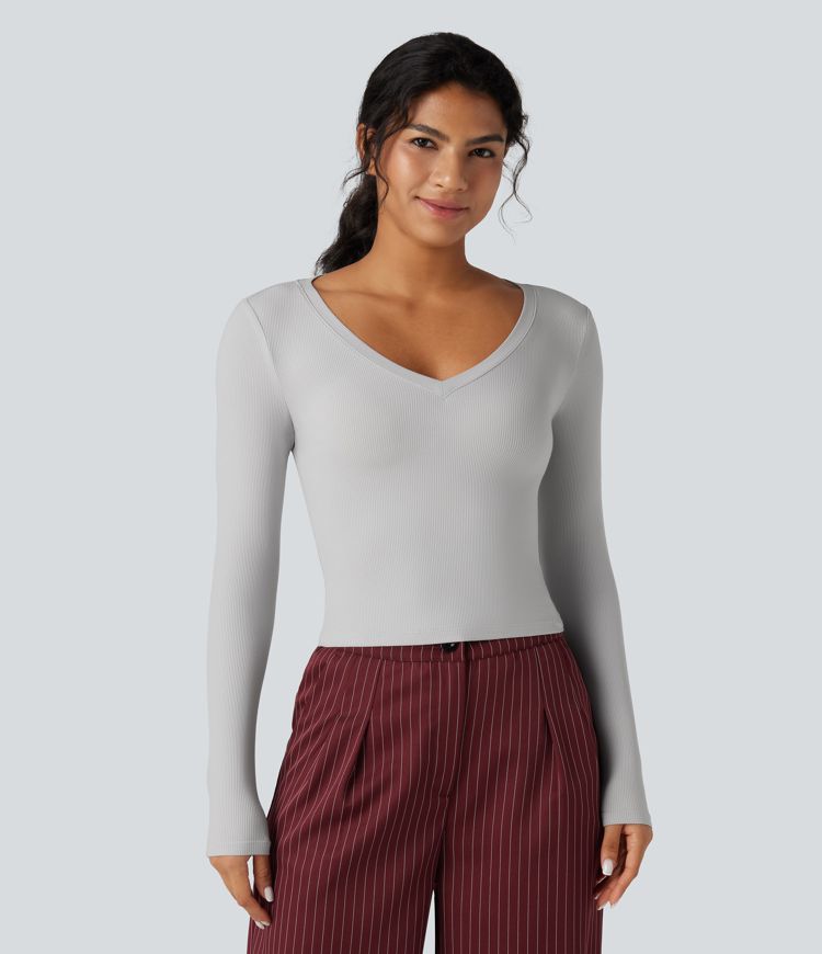 Ribbed Knit V Neck Long Sleeve Cropped Work T-Shirt