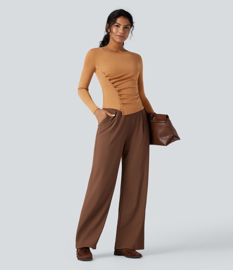 Round Neck Long Sleeve Asymmetric Hem Work T-Shirt