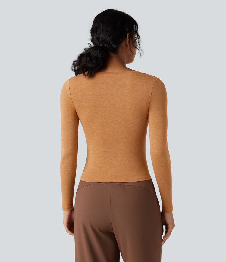 Round Neck Long Sleeve Asymmetric Hem Work T-Shirt