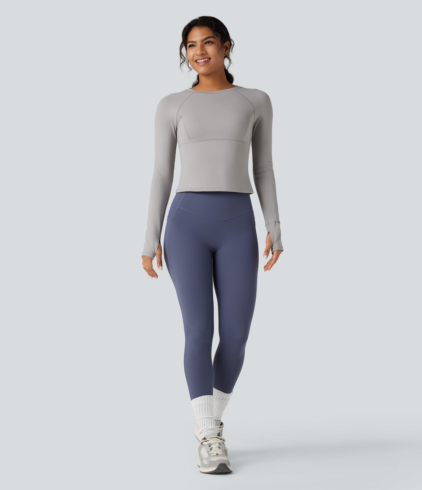 Top de sport yoga polaire col rond manches longues avec trous pouces