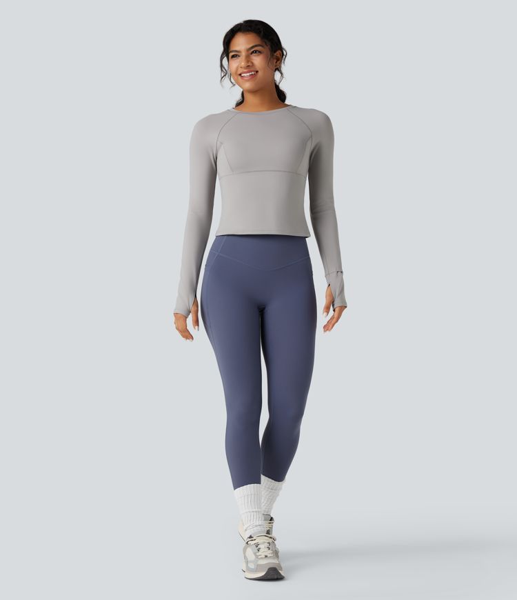 Top de sport yoga polaire col rond manches longues avec trous pouces