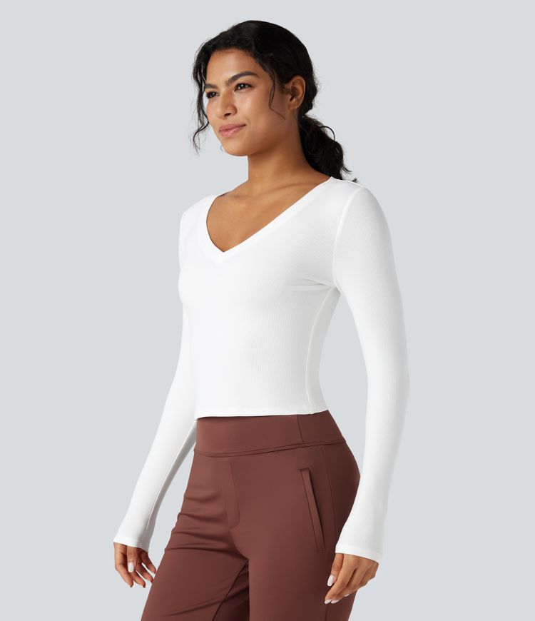 Ribbed Knit V Neck Long Sleeve Cropped Work T-Shirt