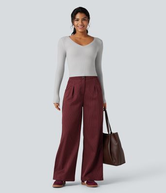 Ribbed Knit V Neck Long Sleeve Cropped Work T-Shirt