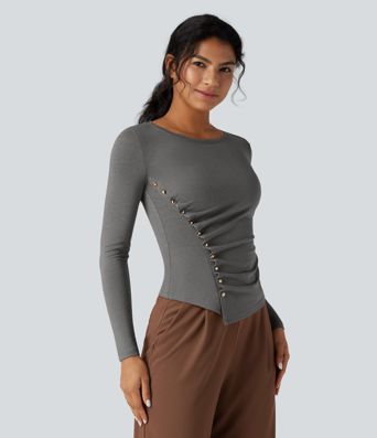 Round Neck Long Sleeve Asymmetric Hem Work T-Shirt