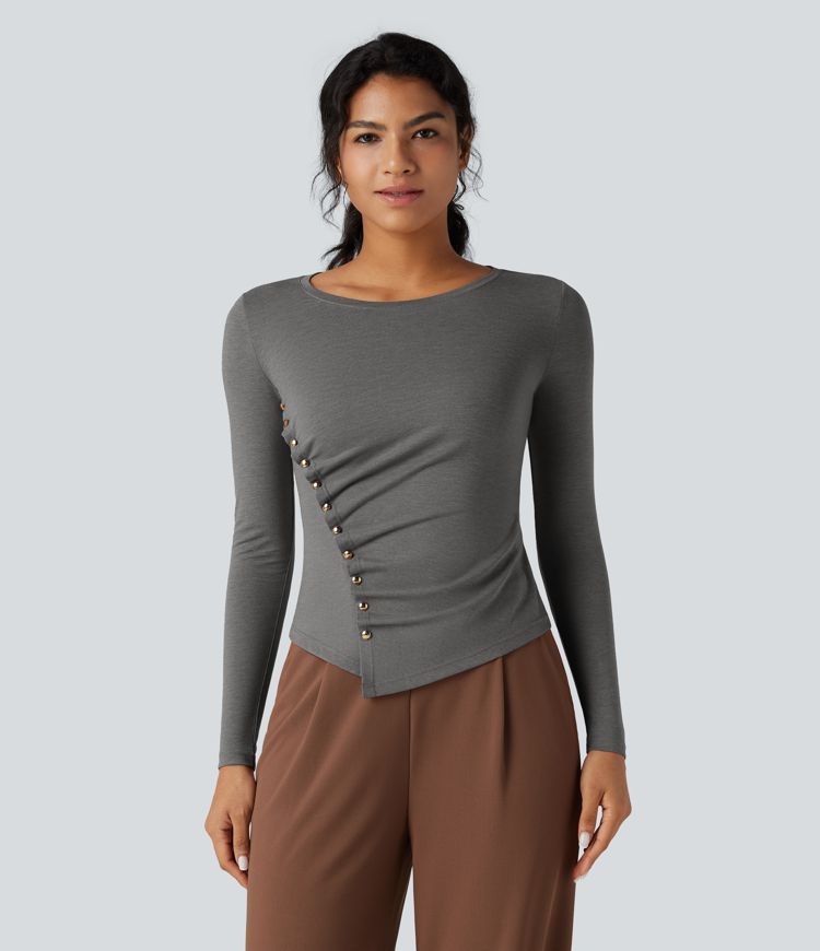 Round Neck Long Sleeve Asymmetric Hem Work T-Shirt