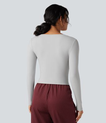 Ribbed Knit V Neck Long Sleeve Cropped Work T-Shirt