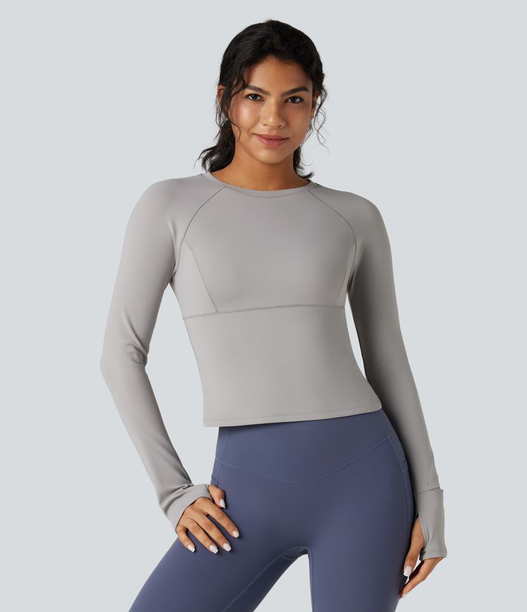 Top de sport yoga polaire col rond manches longues avec trous pouces