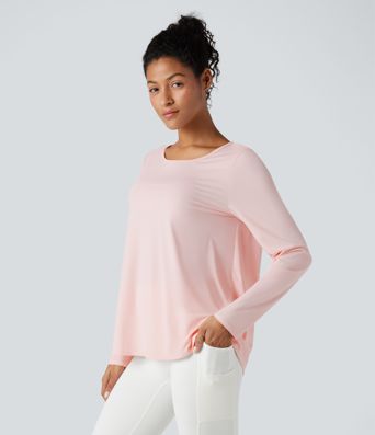 Scoop Neck Long Sleeve Split Relaxed Yoga Sports Top