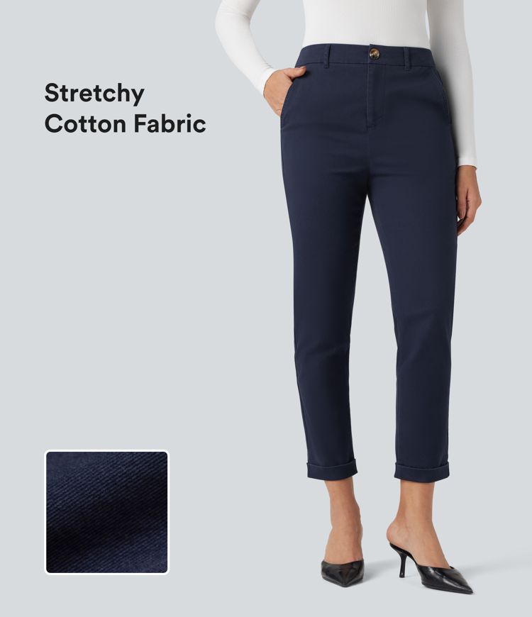 Mid Rise Slim Casual 7/8 Cotton Pants with Pockets