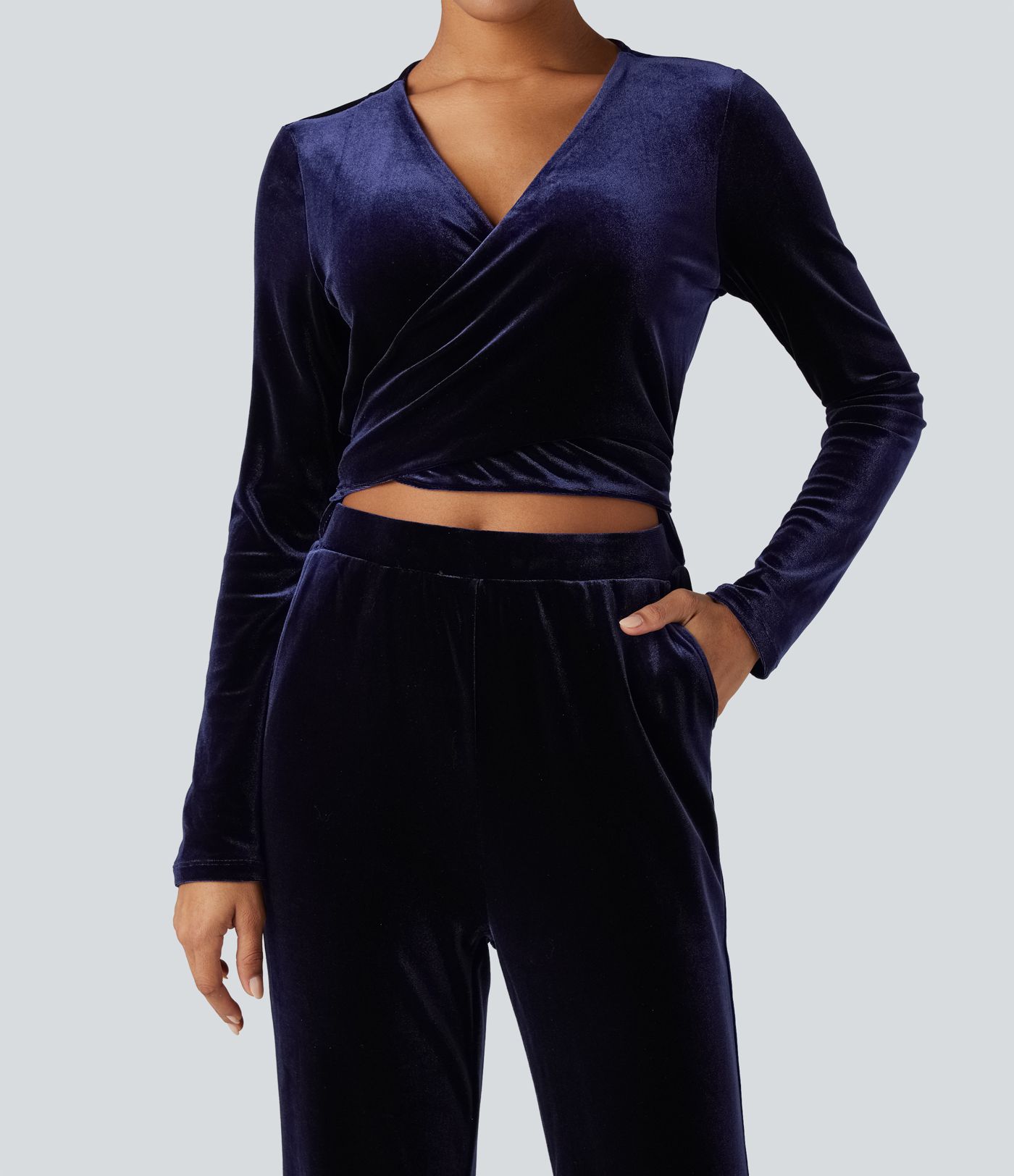 Deep V-neck Long Sleeve Twisted Tie Back Velvet Party Jumpsuit with Pockets-Easy Peezy