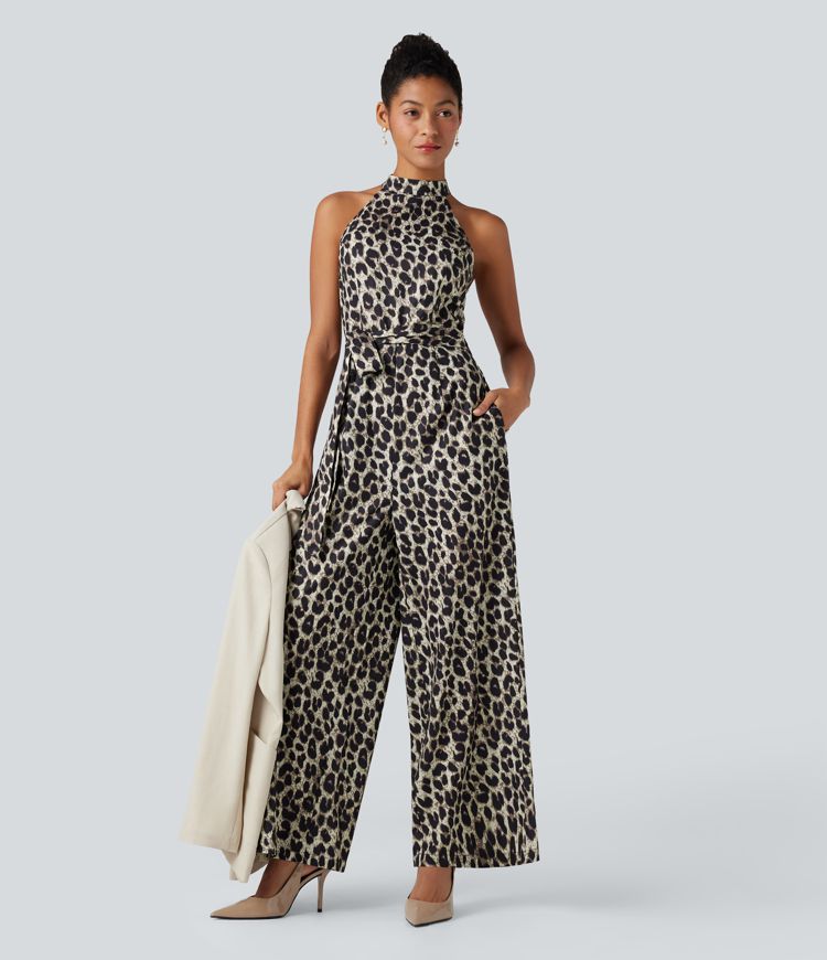 Halter Sleeveless Belted Leopard Party Jumpsuit with Pockets