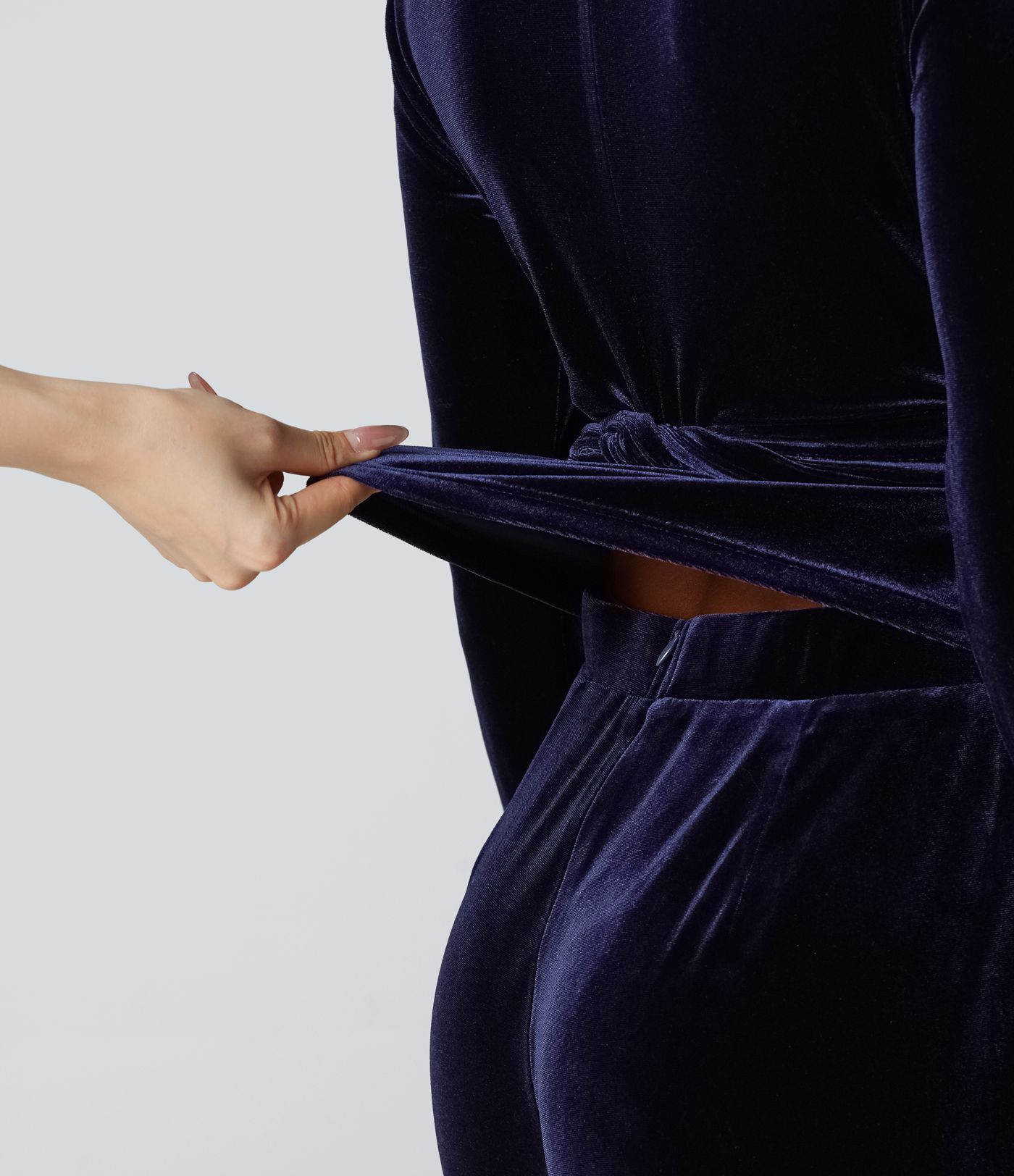 Deep V-neck Long Sleeve Twisted Tie Back Velvet Party Jumpsuit with Pockets-Easy Peezy