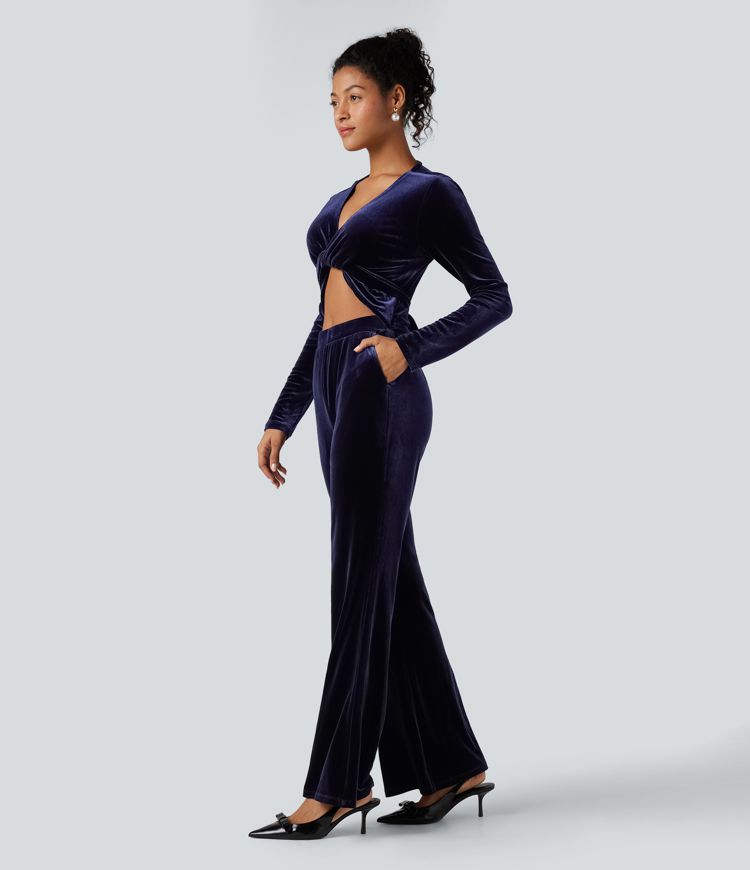 Deep V-neck Long Sleeve Twisted Tie Back Velvet Party Jumpsuit with Pockets-Easy Peezy