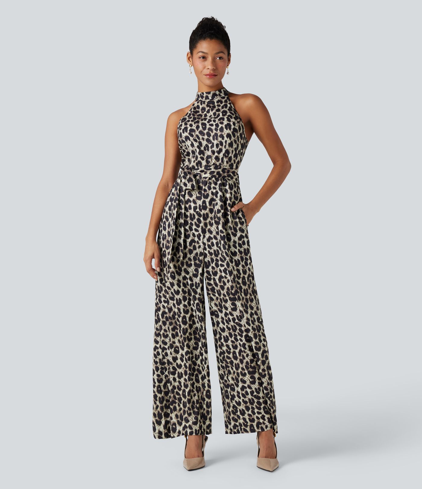Halter Sleeveless Belted Leopard Party Jumpsuit with Pockets