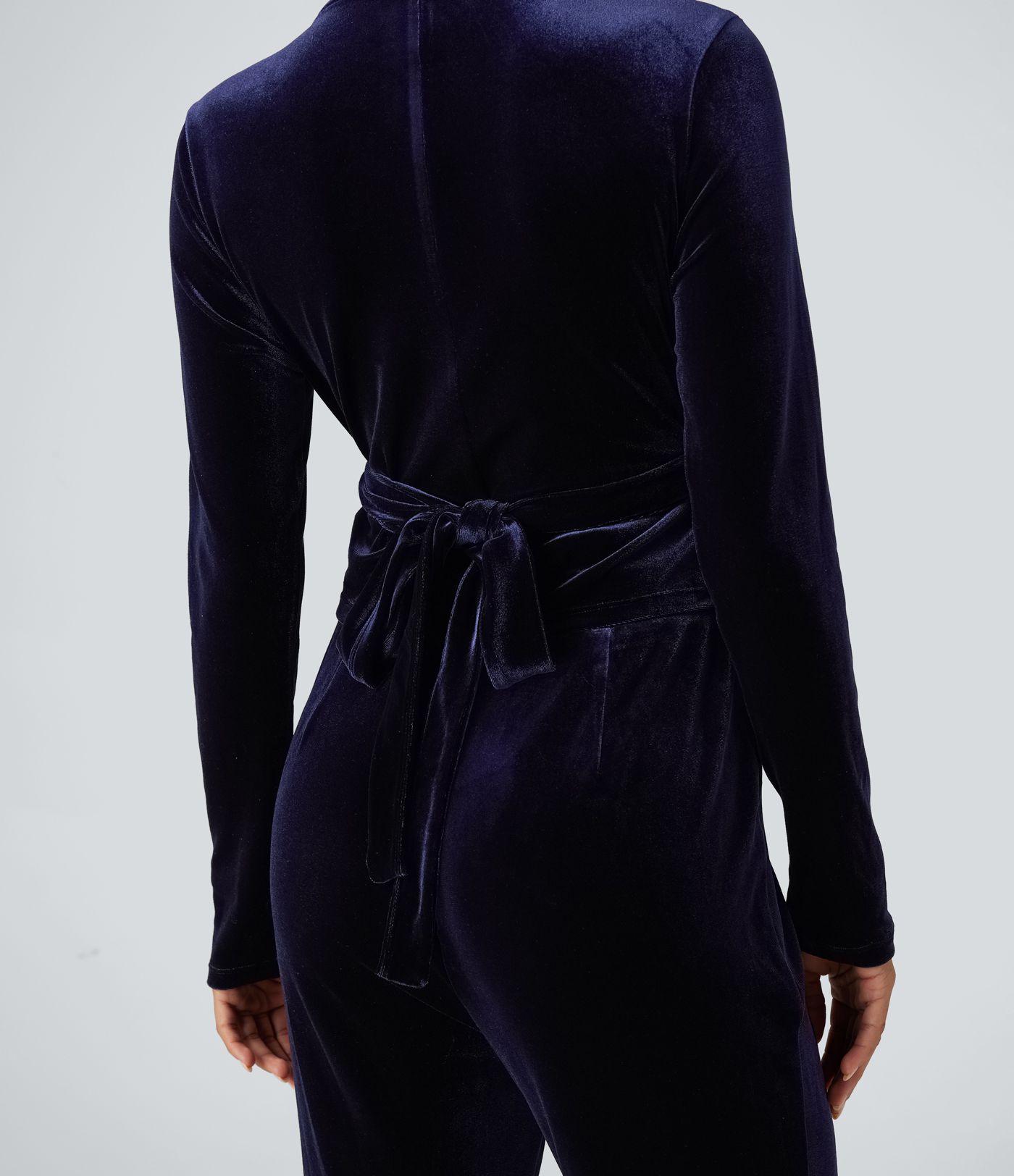 Deep V-neck Long Sleeve Twisted Tie Back Velvet Party Jumpsuit with Pockets-Easy Peezy