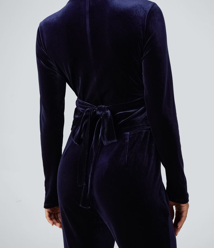 Deep V-neck Long Sleeve Twisted Tie Back Velvet Party Jumpsuit with Pockets-Easy Peezy