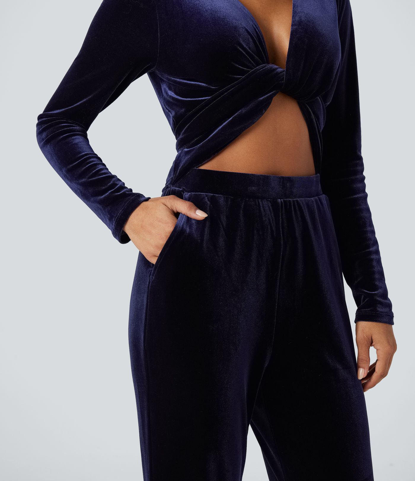 Deep V-neck Long Sleeve Twisted Tie Back Velvet Party Jumpsuit with Pockets-Easy Peezy