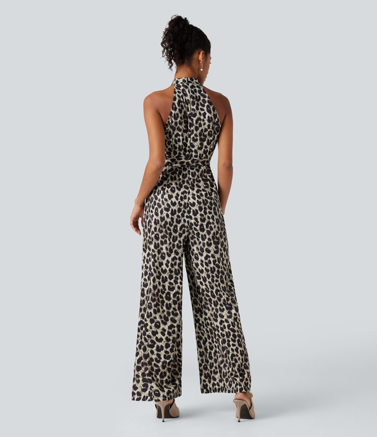 Halter Sleeveless Belted Leopard Party Jumpsuit with Pockets