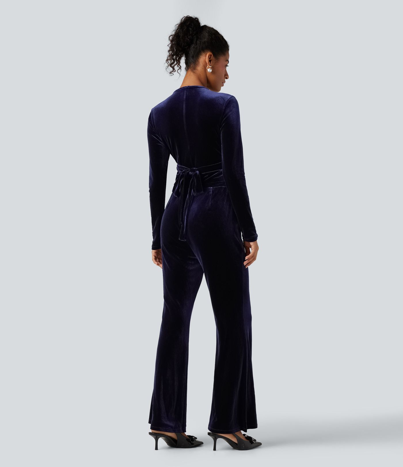 Deep V-neck Long Sleeve Twisted Tie Back Velvet Party Jumpsuit with Pockets-Easy Peezy