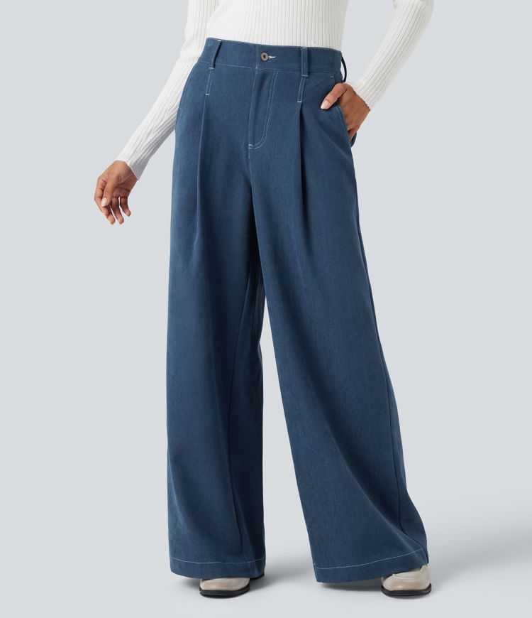 High Waisted Casual Baggy Trousers with Pockets