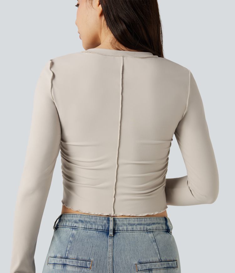 Round Neck Long Sleeve Thumb Holes Ruched Lettuce Trim Casual T-Shirt