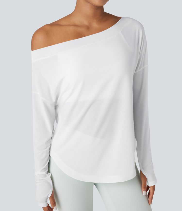 One Shoulder Long Sleeve Thumb Hole Curved Hem High Low Quick Dry Yoga Sports Top-Built-in Bra
