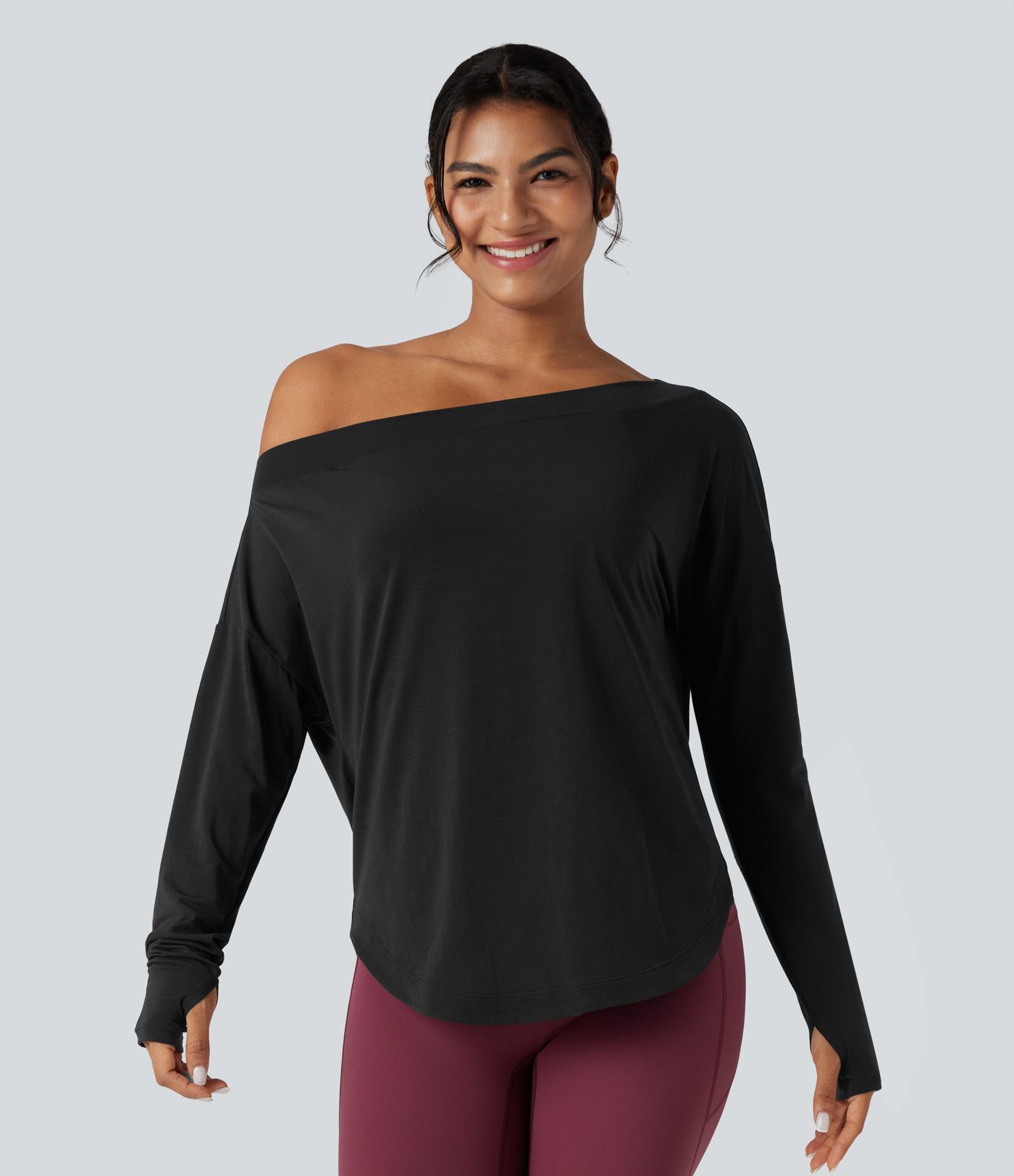 Top de sport yoga une épaule séchage rapide ourlet arrondi asymétrique manches longues avec trous pouces - Brassière intégrée