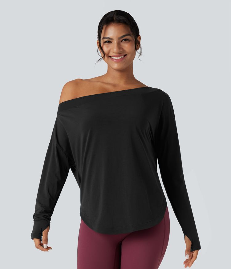 One Shoulder Long Sleeve Thumb Hole Curved Hem High Low Quick Dry Yoga Sports Top-Built-in Bra
