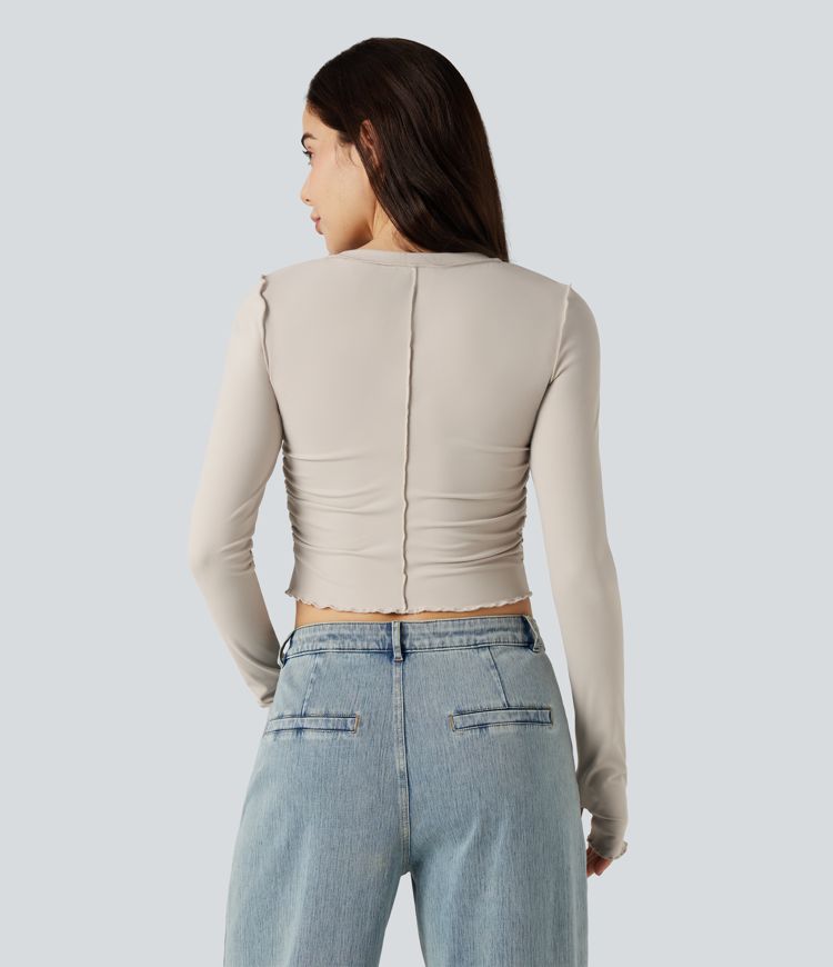 Round Neck Long Sleeve Thumb Holes Ruched Lettuce Trim Casual T-Shirt