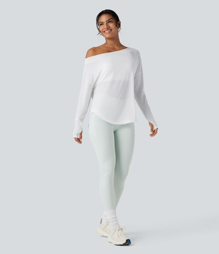 One Shoulder Long Sleeve Thumb Hole Curved Hem High Low Quick Dry Yoga Sports Top-Built-in Bra